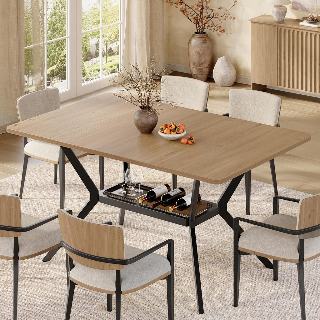 MECHYIN 55" Dining Table for 4-6, Industrial Kitchen Table with Spacious Storage Shelf, Sturdy Metal Frame Rectangle Dining Table for Dining Room, Small Apartments, Home Office