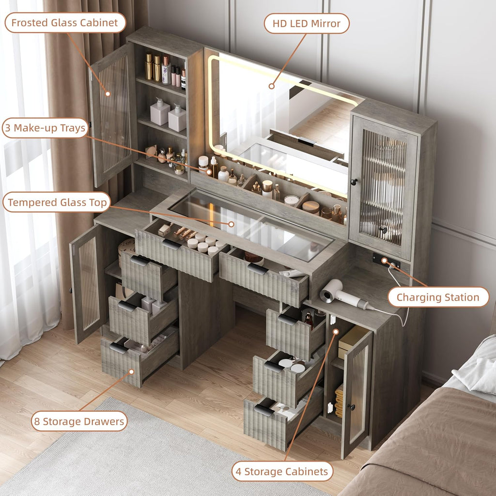 Fluted Vanity Desk with Mirror & Lights | 8 Drawers & 4 Cabinets, Tempered Glass Top, RGB Cabinet Lighting, 3-Color Dimmable Mirror, Charging Station