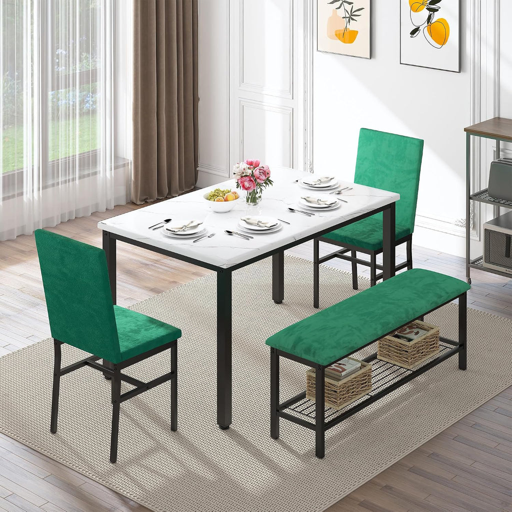 YOFE Dining Table Set for 4,Faux Marble Kitchen Table,Kitchen Table Chairs Set with Velvet Chairs,Bench with Storage Net for Dining Room,Small Apartment (Green 1+3)