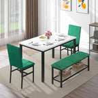 YOFE Dining Table Set for 4,Faux Marble Kitchen Table,Kitchen Table Chairs Set with Velvet Chairs,Bench with Storage Net for Dining Room,Small Apartment (Green 1+3)