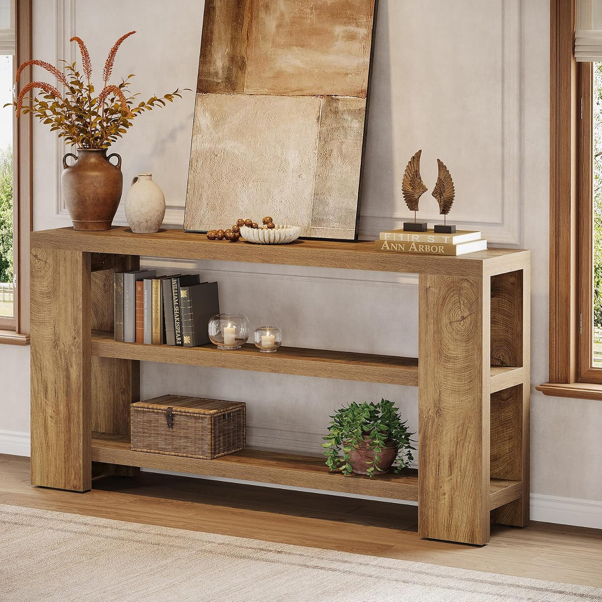 Tribesigns 70.9-Inch Extra Long Console Table with Storage, Narrow Wooden Sofa Table Behind The Couch, Farmhouse 3-Tier Entry Foyer Table for Entryway, Living Room, Hallway, Natural