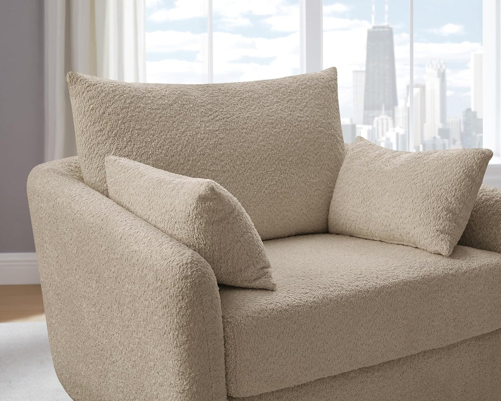 360° Swivel Accent Armchair, 39.3" Oversized, Sherpa Boucle Fabric Sofa Chair with Removable Back & Arm Pillows, Swivel Chair with Cozy Soft Padded (1, Camel)