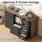 ModernMate 5 Drawer File Cabinet with Charging Station, Storage Cabinet with Door & Adjustable Shelves, Printer Stand with Open Shelf for Home Office, Fits A4/Letter Size, Black Walnut