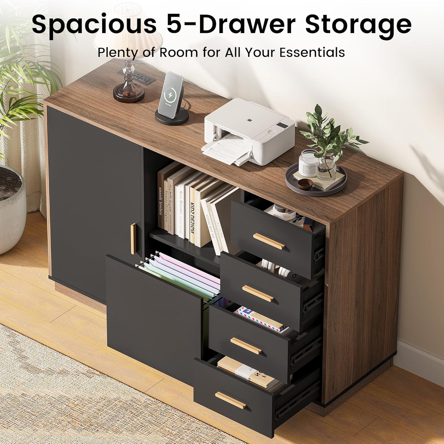 ModernMate 5 Drawer File Cabinet with Charging Station, Storage Cabinet with Door & Adjustable Shelves, Printer Stand with Open Shelf for Home Office, Fits A4/Letter Size, Black Walnut