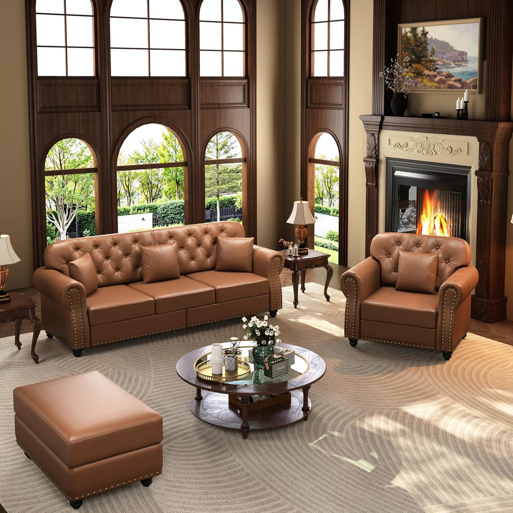 KEIKI 2-Piece Chesterfield Sofa Set with 1 Faux Leather 3-Seater Sofa & 1 Single Sofa, Upholstered 4-Seater Couch Set with Nailhead Trim & Rolled Arms & 1 Ottoman & 4 Pillow, for Living Room, Brown