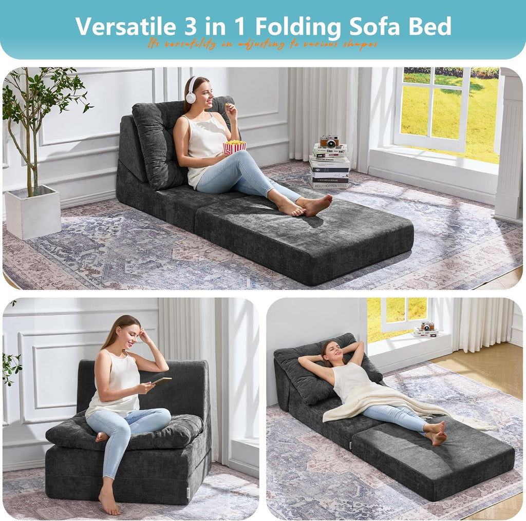 Hobestluk Sofa Couch Folding Sofa Bed Comfy Floor Lounger Convertible Sofa with Removable Cushion Couches for Small Spaces Foldable Mattress for Living Room Bedroom or Office (Chenille Grey, Large)