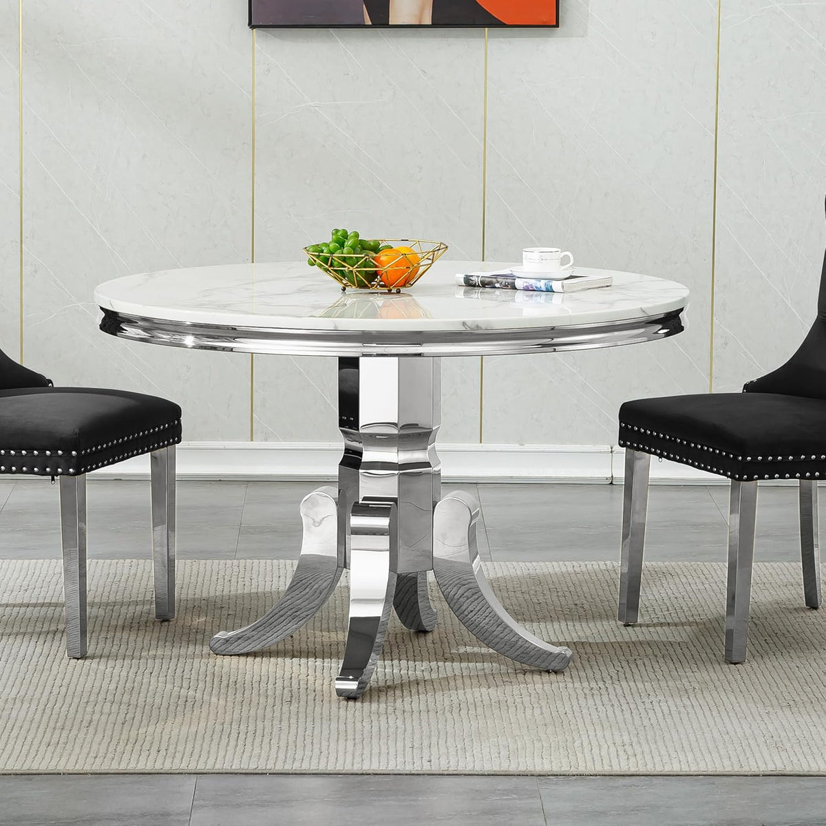 45 inch White Marble Round Dining Table for 4 to 6, Modern Round Dining Table with Faux Marble Top & Silver Stainless Steel Y Base, Luxury Marble Kitchen Dining Room Table for Dinette Party Gathering