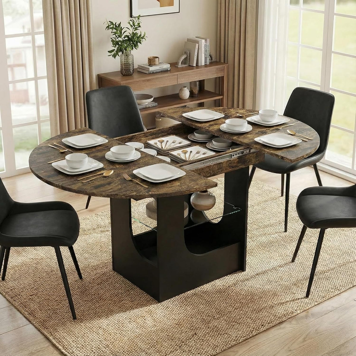 ARTETHYS 43.3"-59" Extendable Round Dining Room Table for 4-8 with Lights Oval Modern Table with Hidden Leaf and Glass Storage Shelf for Kitchen Living Room, Rustic