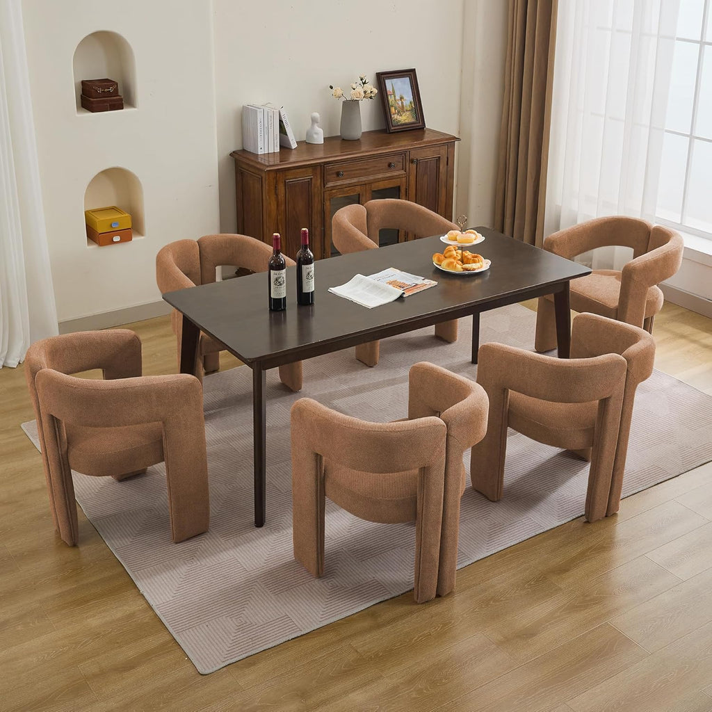 adochr Modern Barrel Dining Chairs Set of 6, Upholstered Linen Dining Room Chair with Wooden Legs, Accent Chairs with Arms, Comfy Side Armchairs for Kitchen/Dining Room/Living Room, Brown