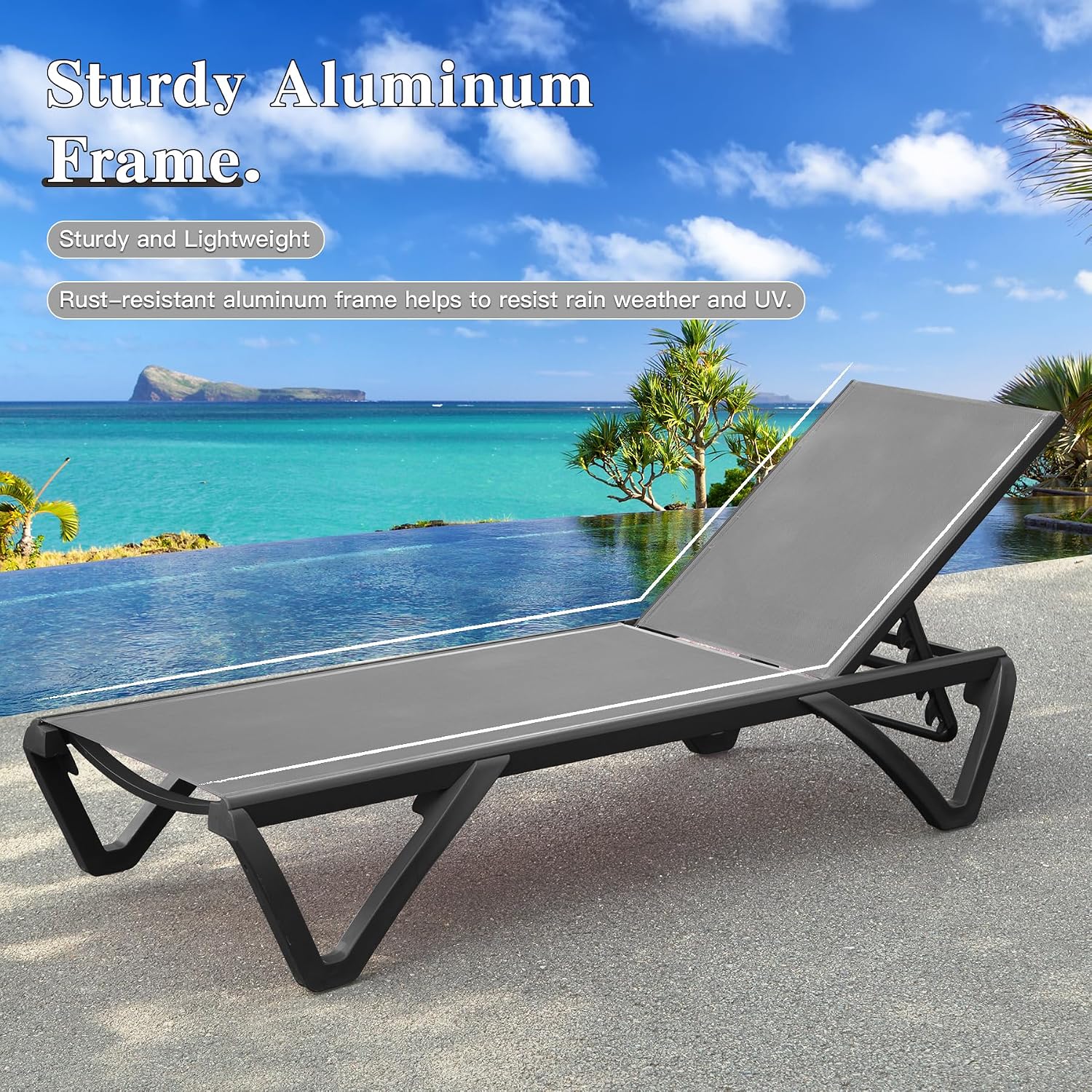 Domi Aluminum Pool Lounge Chair Outdoor Set of 2 Chaise Lounge Outdoor | Gray, Side Table, Wheels, Adjustable, Textilene, All Weather, Poolside, Backyard, Patio, Deck, Outside