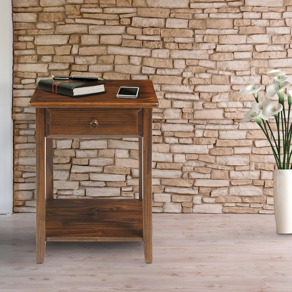 Casual Home Owl Night Stand with USB Port Charging Station and Drawer, 17.5"W x 14.25"D x 24.5"H, Warm Brown