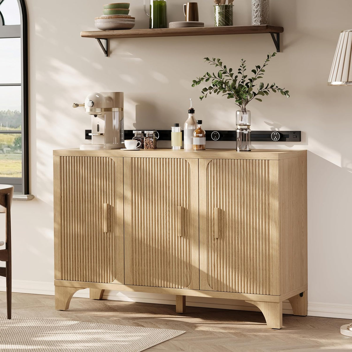 Mid Century Modern Fluted Buffet Cabinet with Storage, Accent Sideboard and Credenza Storage Cabinet with Doors, Wood Coffee Bar Console for Kitchen, Living Room (Oak, 47" 3-Door)