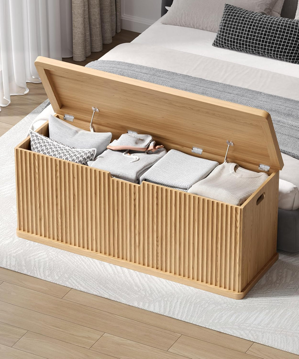 Akxomel 45.3" Fluted Storage Chest Wooden Storage Trunk 2 Safety Hinges Oak | Storage Chest with 2 Safety Hinges & Lift Top, Wooden Box Bench with Curved Profile, for Living Room, Entryway, Bedroom