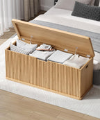 Akxomel 45.3" Fluted Storage Chest Wooden Storage Trunk 2 Safety Hinges Oak | Storage Chest with 2 Safety Hinges & Lift Top, Wooden Box Bench with Curved Profile, for Living Room, Entryway, Bedroom