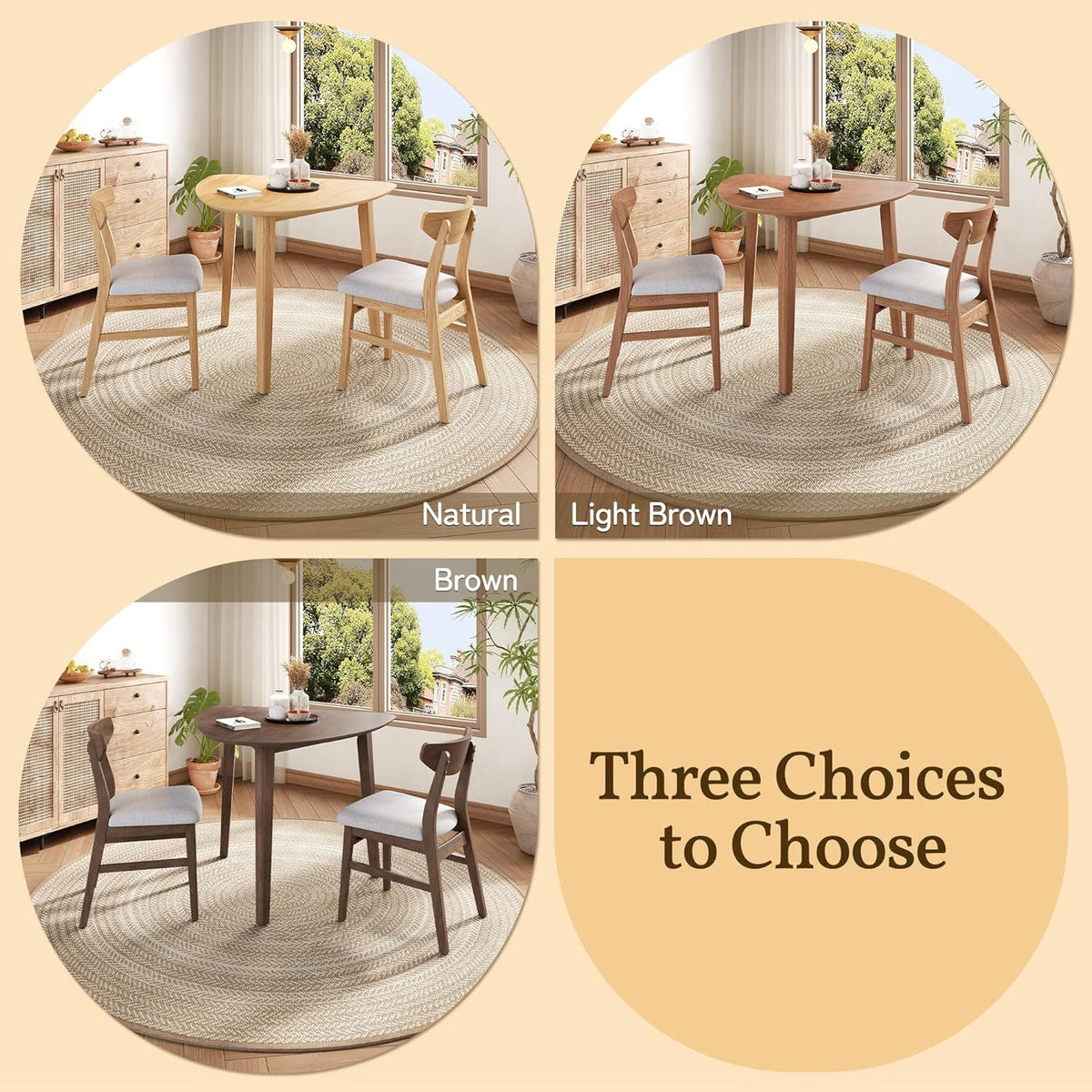 P PURLOVE Modern 3 Piece Table Set, Triangular Table and 2 Curved Wood Chairs for Living Room, Dining Room, Kitchen, Small Space, Minimalist Space-Saving (Brown and Grey)