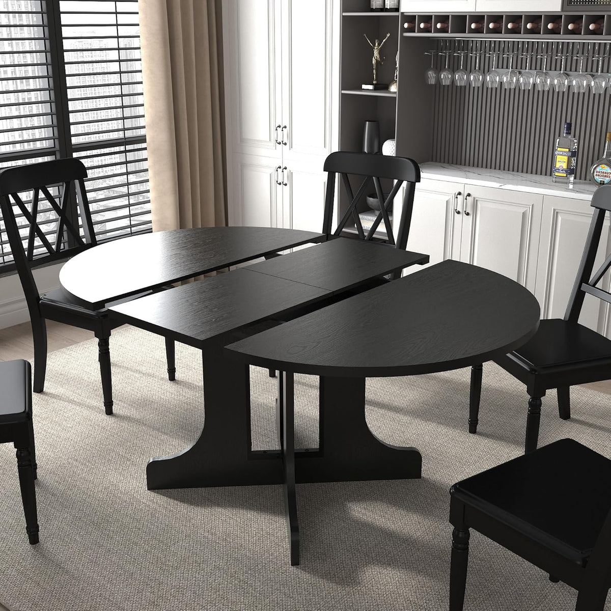 Henf 5 Piece Round Extendable Dining Table Set for 4, 43"-59" Wood Oval Expanding Kitchen Table with 4 Chairs, Space Saving Extendable Dining Room Tables with Pedestal Base (Black & Gray)