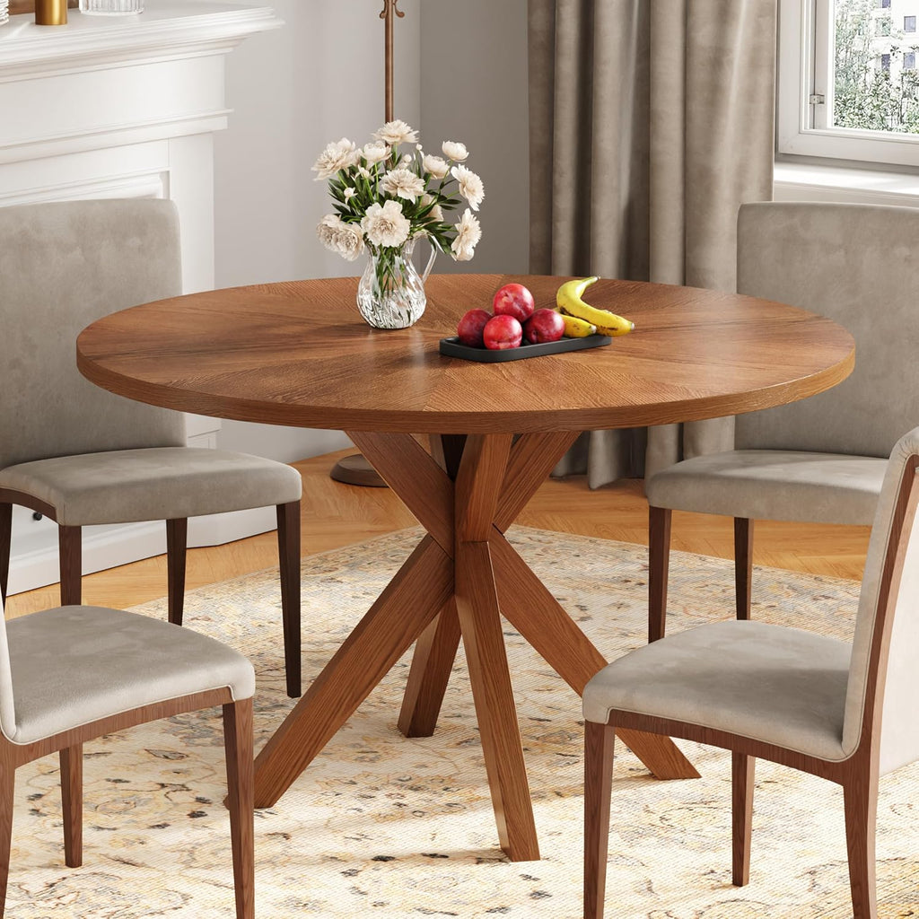 Solid Wood Round Dining Table for 4-6, Wooden Intersecting Pedestal Base, Farmhouse Round Dining Room Table for Home Dining Room, Kitchen, Living Room