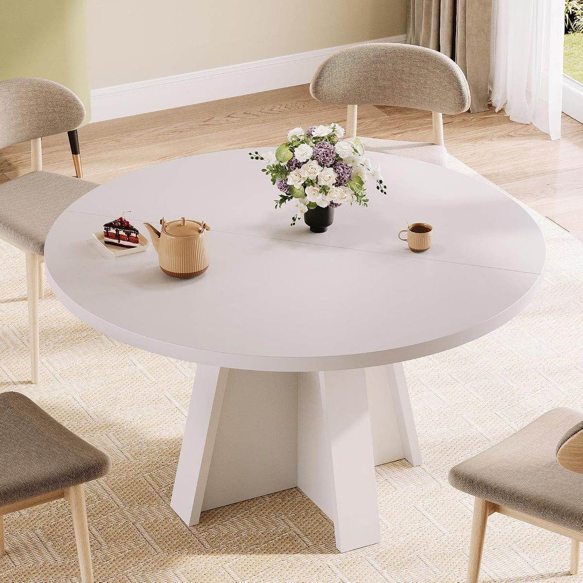 iPormis 47-Inch Round Dining Table for 4-6 People, Modern Wooden Kitchen Table for Dining Room, Farmhouse Circle Dinner Tables Furniture for Kitchen Living Room, White