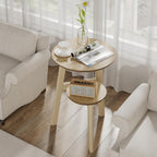 ChooChoo Round End Table for Small Spaces, Narrow Side Table, Accent Table Night Stand with 2 Tier Shelf for Bedroom and Living Room, Natural