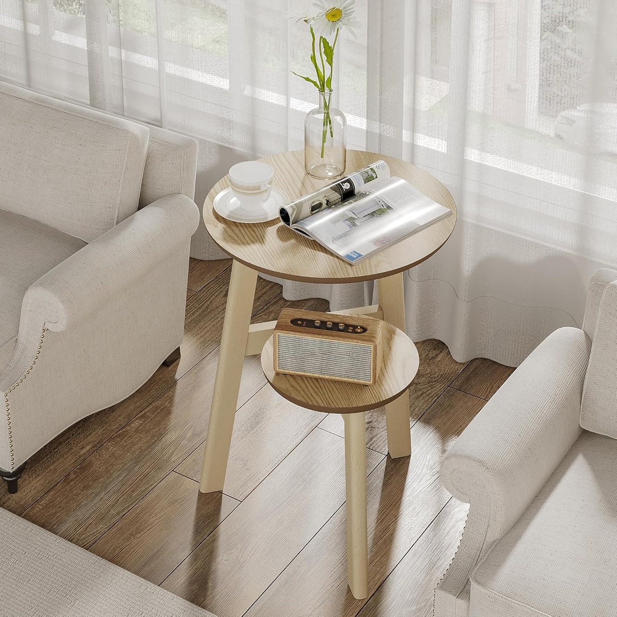 ChooChoo Round End Table for Small Spaces, Narrow Side Table, Accent Table Night Stand with 2 Tier Shelf for Bedroom and Living Room, Natural