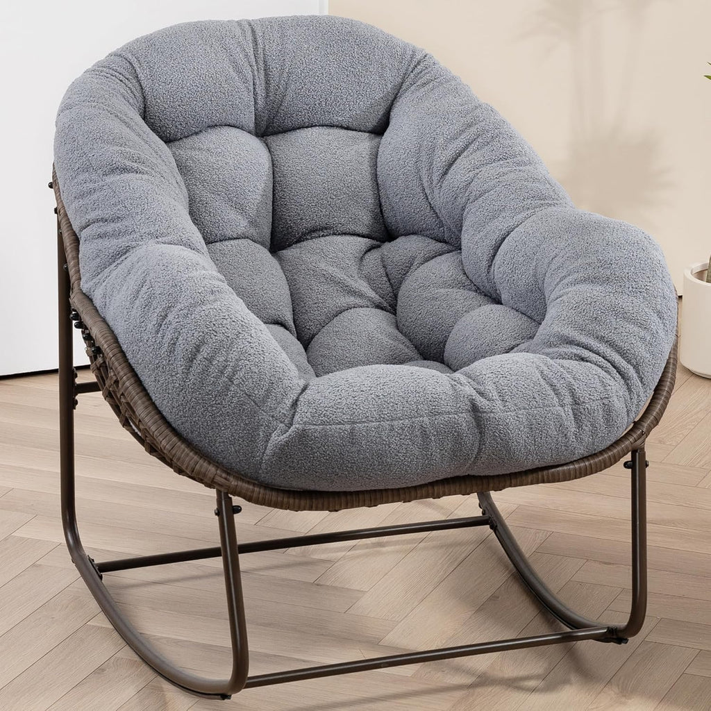 Oversized Papasan Rocking Chair - Outdoor Luxury Egg Chair Indoor Rattan Comfy Rock Chair with Cushion for Patio Garden Porch Lounge Lawn Bedroom Living Room (Grey Teddy)