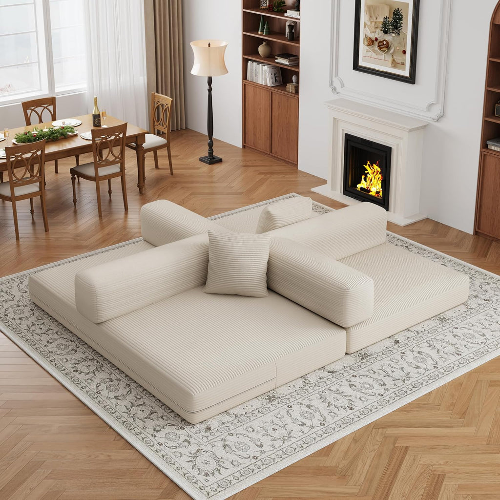 59.0 Inch Convertible Sofa Bed, 4-in-1Futon Sofas Bed Pull Out Sleeper Couch, Modern Deep Seat Sofa for Living Room, Corduroy Couches for Bedroom, Apartment, No Assembly Beige, 2 Seat