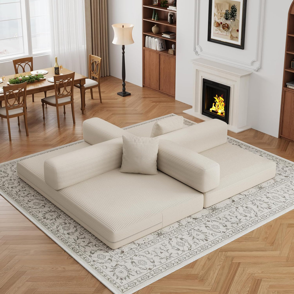 59.0 Inch Convertible Sofa Bed, 4-in-1Futon Sofas Bed Pull Out Sleeper Couch, Modern Deep Seat Sofa for Living Room, Corduroy Couches for Bedroom, Apartment, No Assembly Beige, 2 Seat