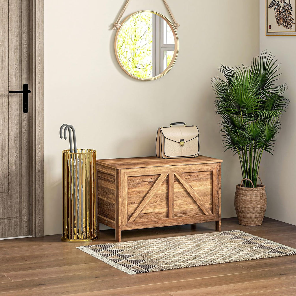 HOMCOM 30" Farmhouse Storage Bench Lift Top Storage Chest in Brown Oak | Safety Hinge, Open Up 100°, Wooden Trunk, Bedroom, Entryway, Living Room