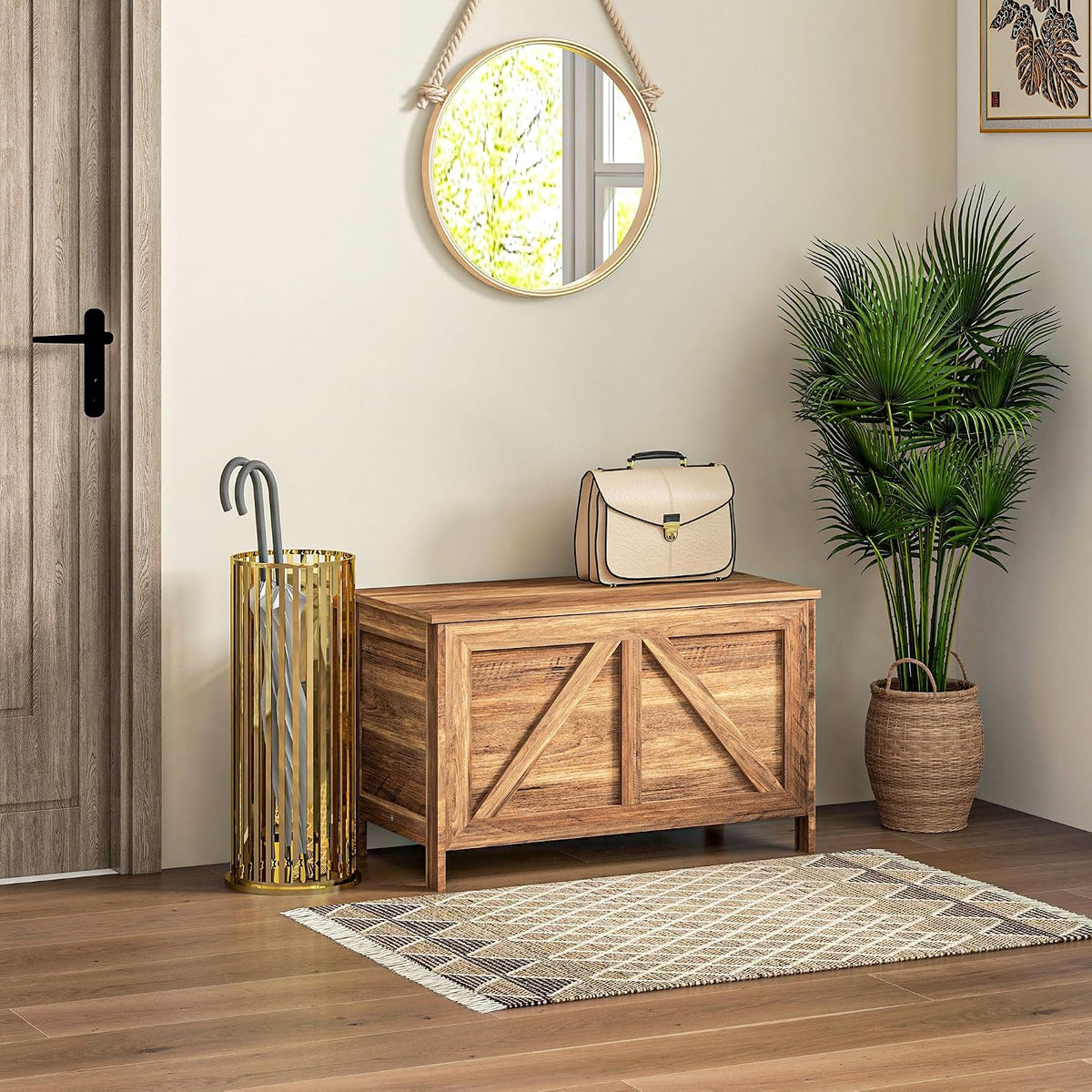 HOMCOM 30" Farmhouse Storage Bench Lift Top Storage Chest in Brown Oak | Safety Hinge, Open Up 100°, Wooden Trunk, Bedroom, Entryway, Living Room
