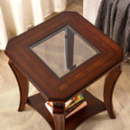 PADMA HOUSE Traditional Wood End Table with Glasstop and Curved Legs, Square Solid Wood Sofa Side Table with Storage Shelf, 2-Tier Glass Bedside Tables in Cherry for Living Room,19.7 * 19.7 * 23.8in