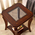 Square High End Side Table with Tempered Glass Top, Farmhouse Sofa Beside Table with Storage Shelf, Living Room Corner Tables with Wood Carved legs, 23.8”H Telephone Tabless, Cherry Brown CJZ-A1168-GT