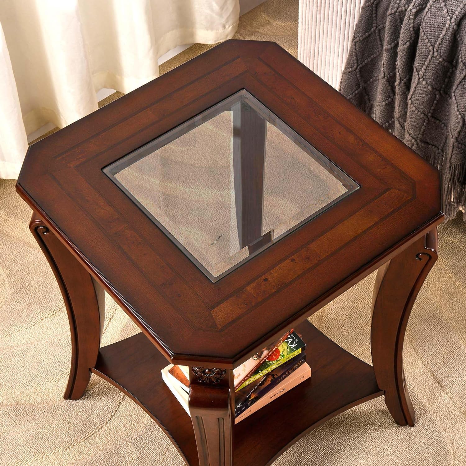 Square High End Side Table with Tempered Glass Top, Farmhouse Sofa Beside Table with Storage Shelf, Living Room Corner Tables with Wood Carved legs, 23.8”H Telephone Tabless, Cherry Brown CJZ-A1168-GT