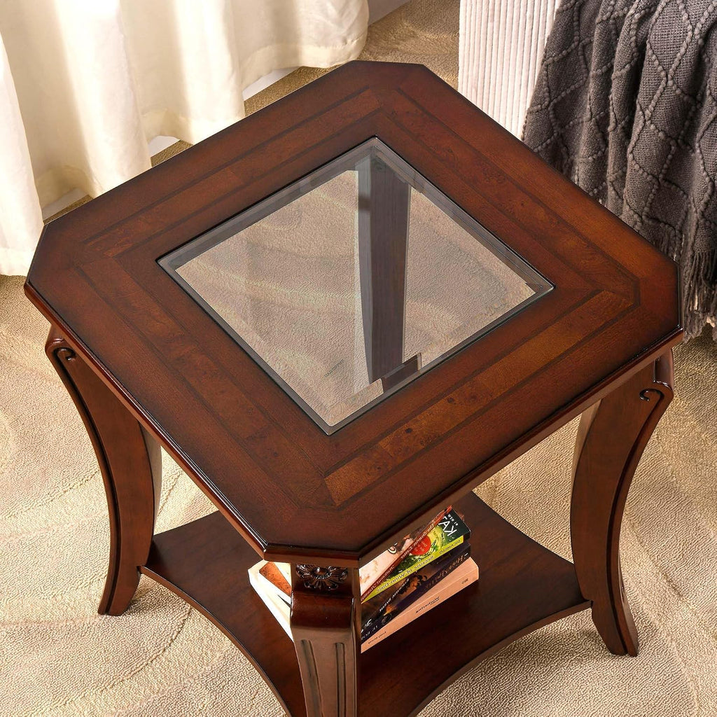 PADMA HOUSE Set of 2 Solid Wood Small End Table with Glasstop, Vintage Square Sofa Side Table with Storage Shelf and Curved Legs, 2-Tier Bedside Tables Nightstand in Cherry,19.7" Dx23.8 H