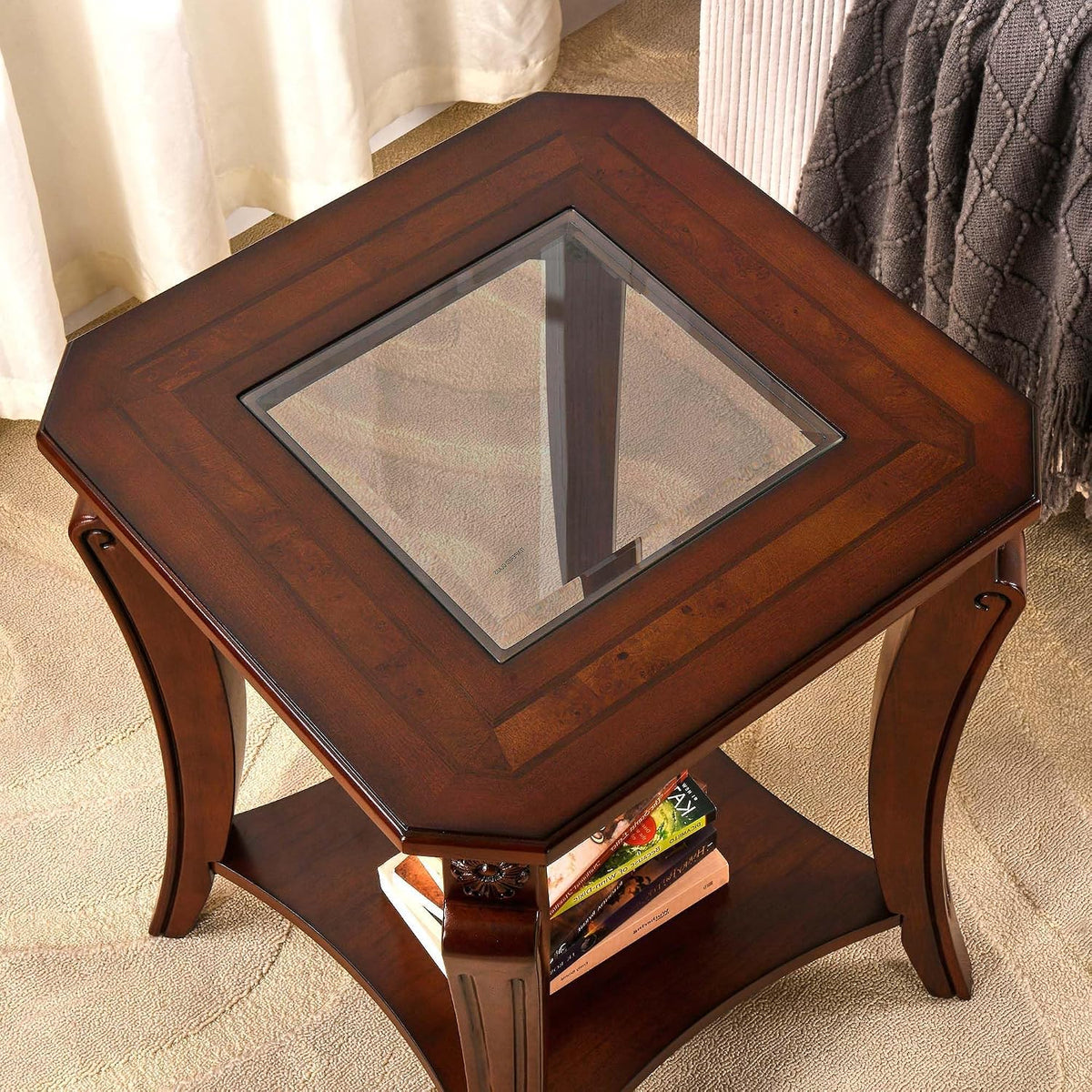 PADMA HOUSE Set of 2 Solid Wood Small End Table with Glasstop, Vintage Square Sofa Side Table with Storage Shelf and Curved Legs, 2-Tier Bedside Tables Nightstand in Cherry,19.7" Dx23.8 H