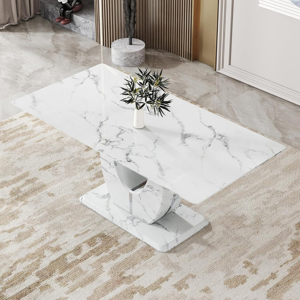 71" Faux Marble Dining Table, Modern Rectangular Kitchen Table with 0.4'' Thick Tabletop, Rounded Corners, Stable Pedestal Base, Easy to Clean for Dining Room (White-MWH, 71 inch)