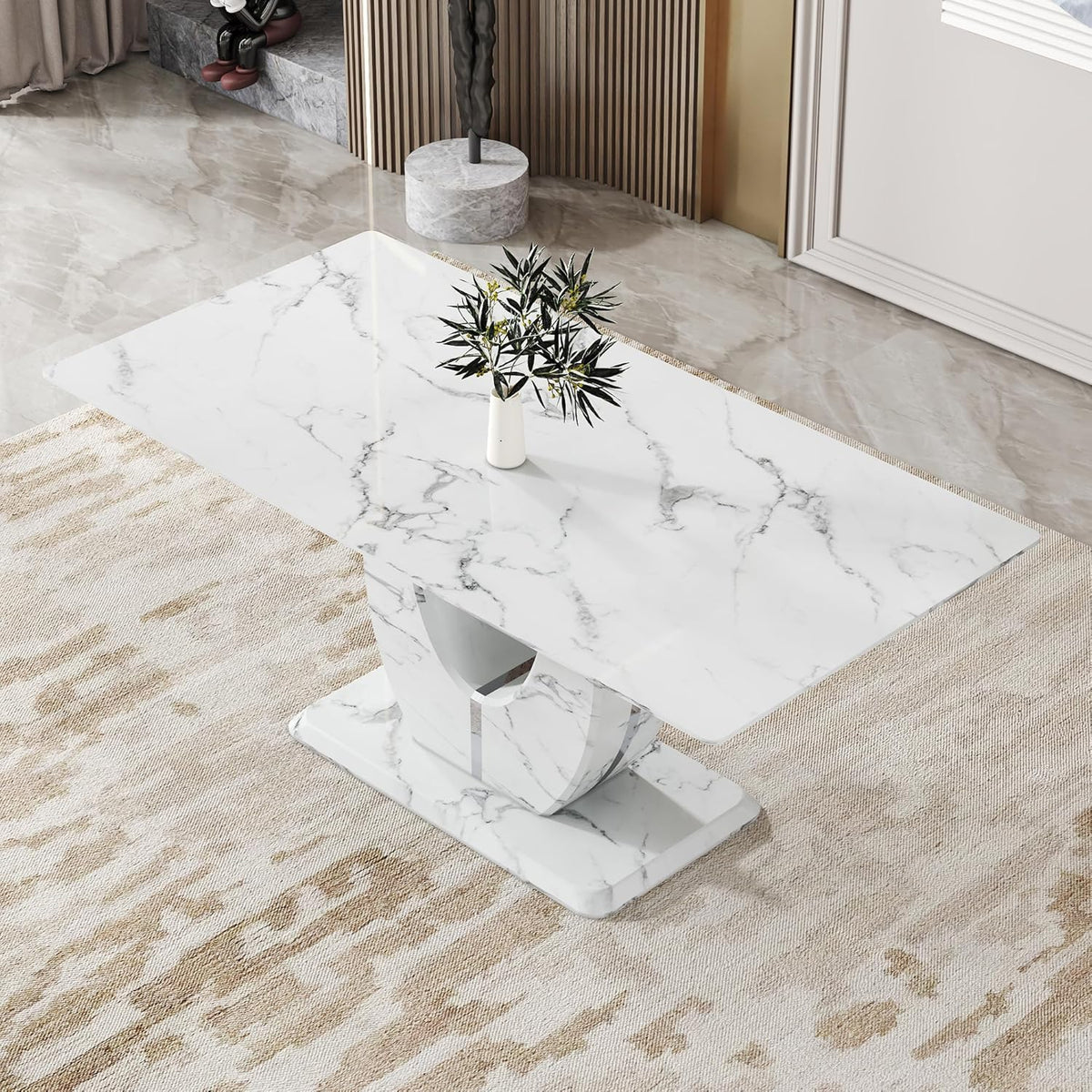 JUFU Modern 71" Faux Marble Dining Table for 6 to 8 People, Large Rectangular Kitchen Table with White Elegant U-Shaped Pedestal Base, Executive Furniture for Dining Room and Office