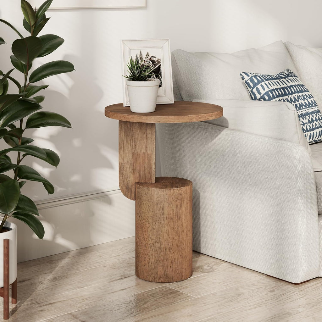 COZAYH Modern Farmhouse Small Drink Table with Geometric Design Base, Minimalist Tall End Table for Small Space, Natural