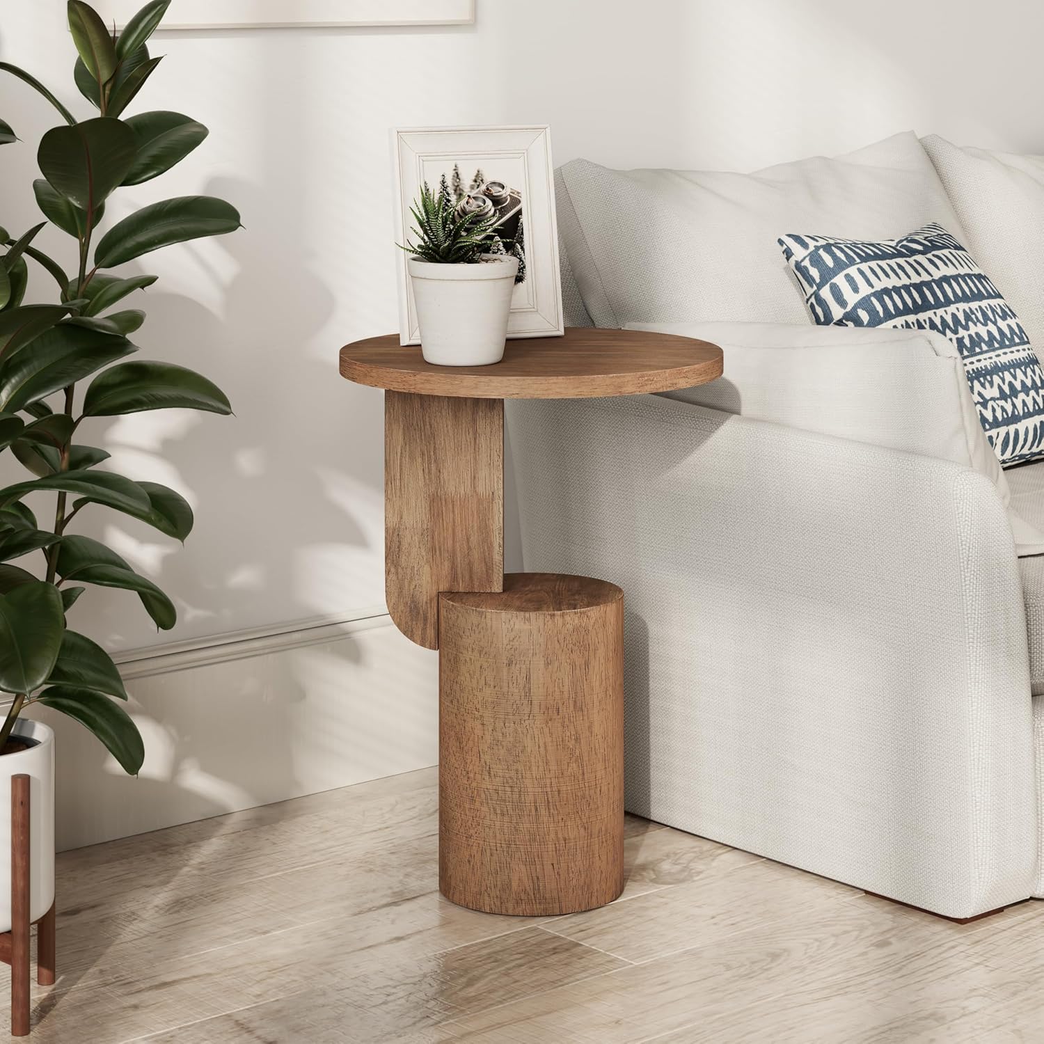 COZAYH Modern Farmhouse Small Drink Table with Geometric Design Base, Minimalist Tall End Table for Small Space, Natural