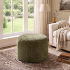 Upholstered Round Green Pouf Ottoman, Modern Footstool | Chenille Footrest with Soft Padded Seat & Wood Frame, Sage Green Ottoman, Accent Vanity Stool for Living Room and Bedroom