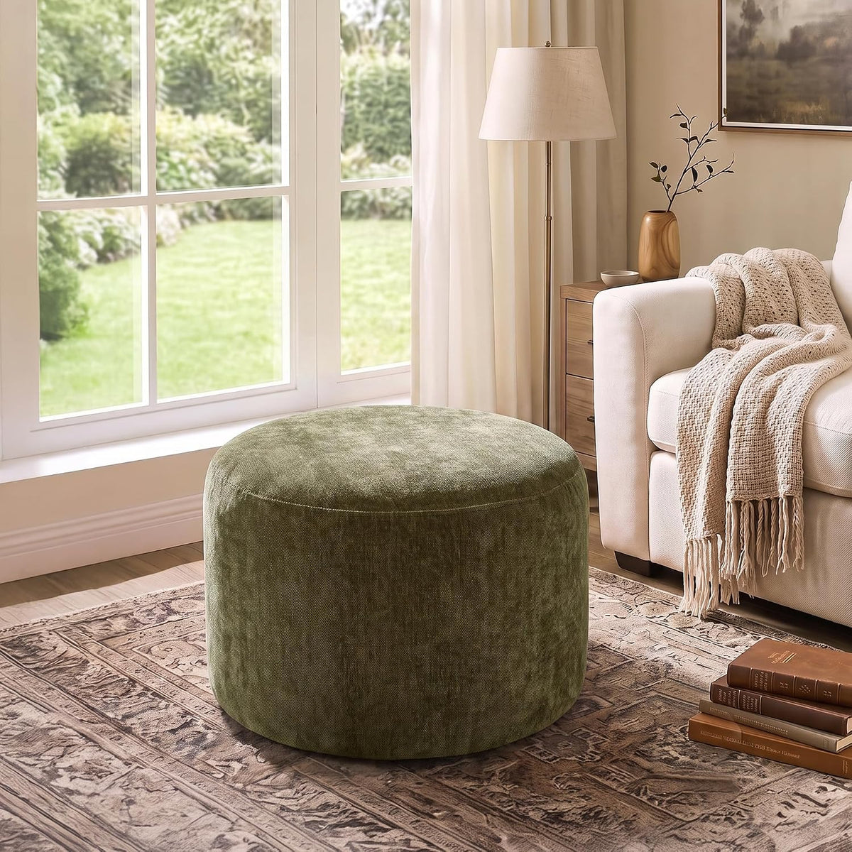 Upholstered Round Green Pouf Ottoman, Modern Footstool | Chenille Footrest with Soft Padded Seat & Wood Frame, Sage Green Ottoman, Accent Vanity Stool for Living Room and Bedroom