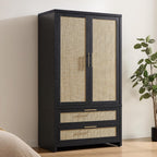 SICOTAS Rattan Armoire Wardrobe Closet, 71 inch Boho Wardrobe with Drawers | Farmhouse Storage Cabinet Armoire with Hanging Rod, Large-Capacity Deep Armoire Clothes Organizer for Bedroom, Cloak Room