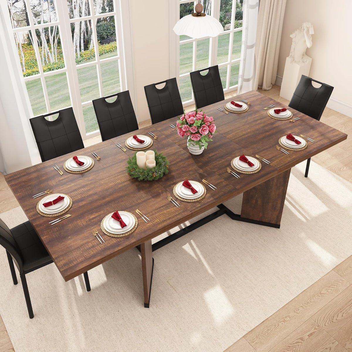 86 in Extendable Dining Table for 6 8 10 People,59"-86" Farmhouse Rectangle Extending Dining Table w/Removable Leaves Space Saving,Wooden Adjustable Tables for Kitchen Office Living Room (Brown)