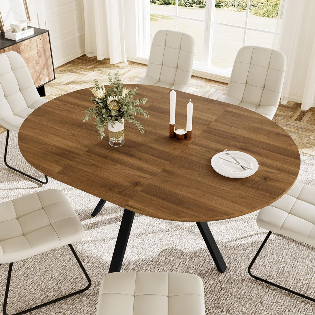 HIPIHOM Extendable Round Dining Table Set for 6 People, 43.3"-59.1" Extendable Kitchen Table with 6 Upholstered Chairs, Space Saving for Kitchen Dining Room (Walnut Table+6 U-Shaped White Chairs)
