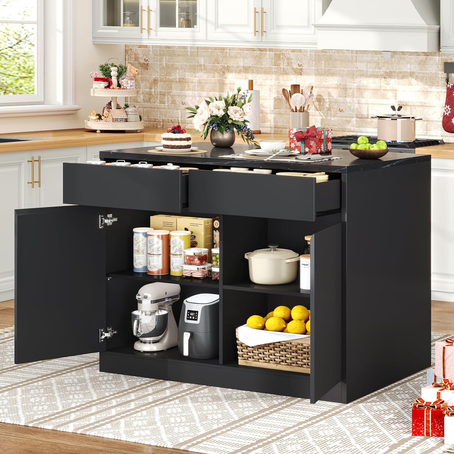 DynJest Kitchen Island with Storage, 47.2" Large Faux Marble Countertop Kitchen Island with 2 Drawers and Adjustable Shelves, Coffee Bar Station, Beveled Edge Door Cabinet, Black Tabletop + Black