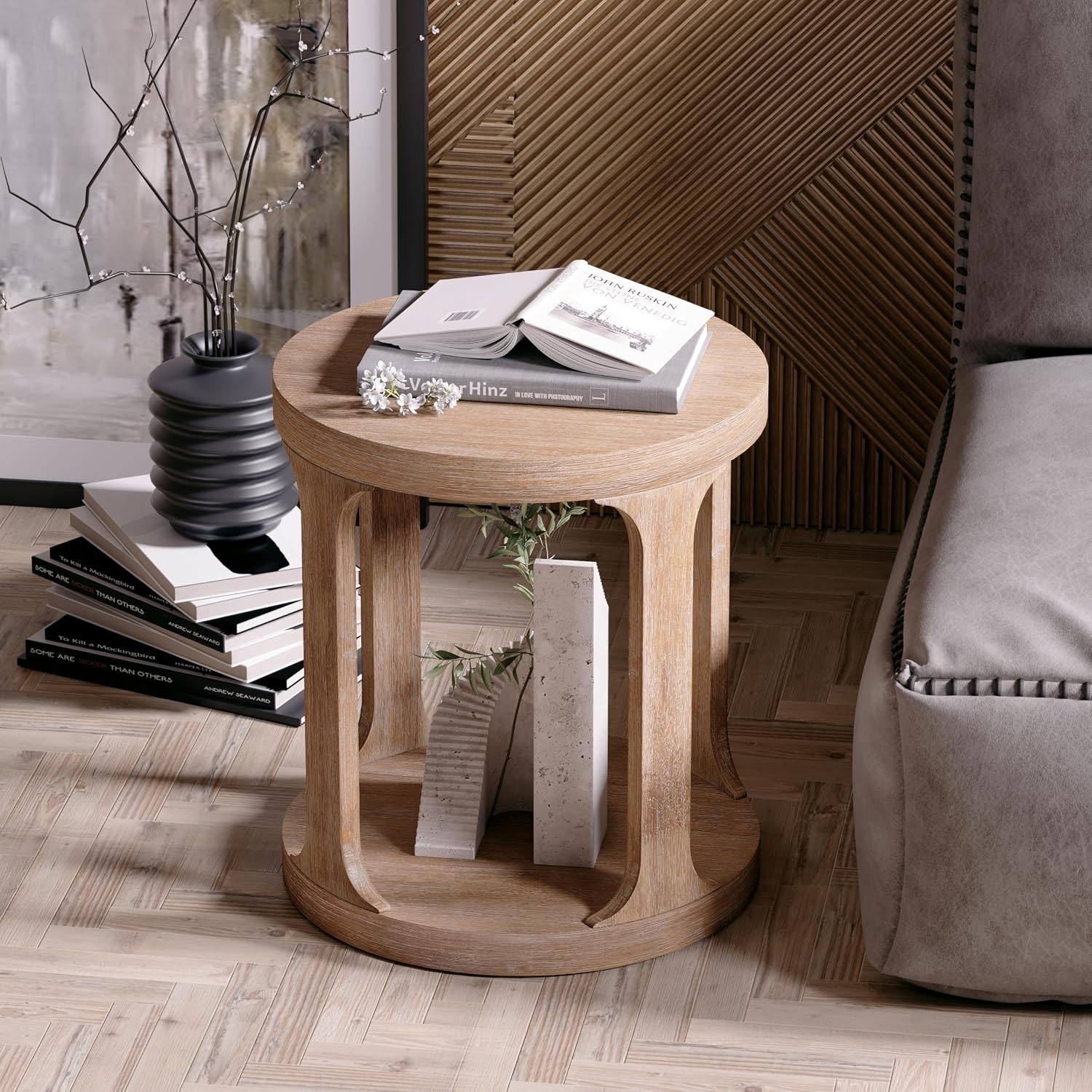 COZAYH Farmhouse Small End Table Wood Round Side Table for Small Space Rustic Pedestal Table for Living Room, Office, Couch, Distressed Wood Grey Finish