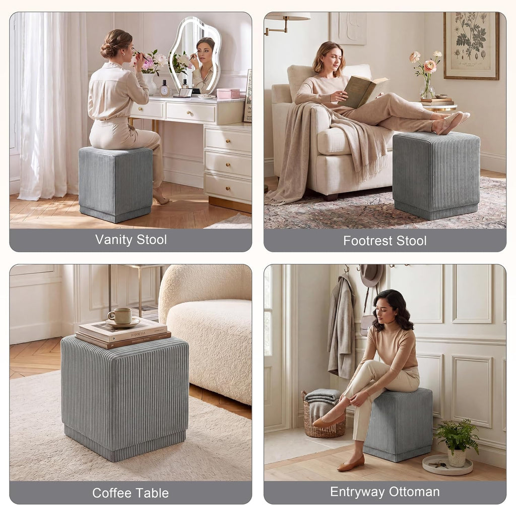Homebeez Modern Square Ottoman, Vertical Channel Tufted Foot Stool Ottoman, Corduroy Velvet Upholstered Vanity Stool for Makeup, Bedroom, Living Room, Light Gray
