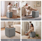 Homebeez Modern Square Ottoman, Vertical Channel Tufted Foot Stool Ottoman, Corduroy Velvet Upholstered Vanity Stool for Makeup, Bedroom, Living Room, Light Gray