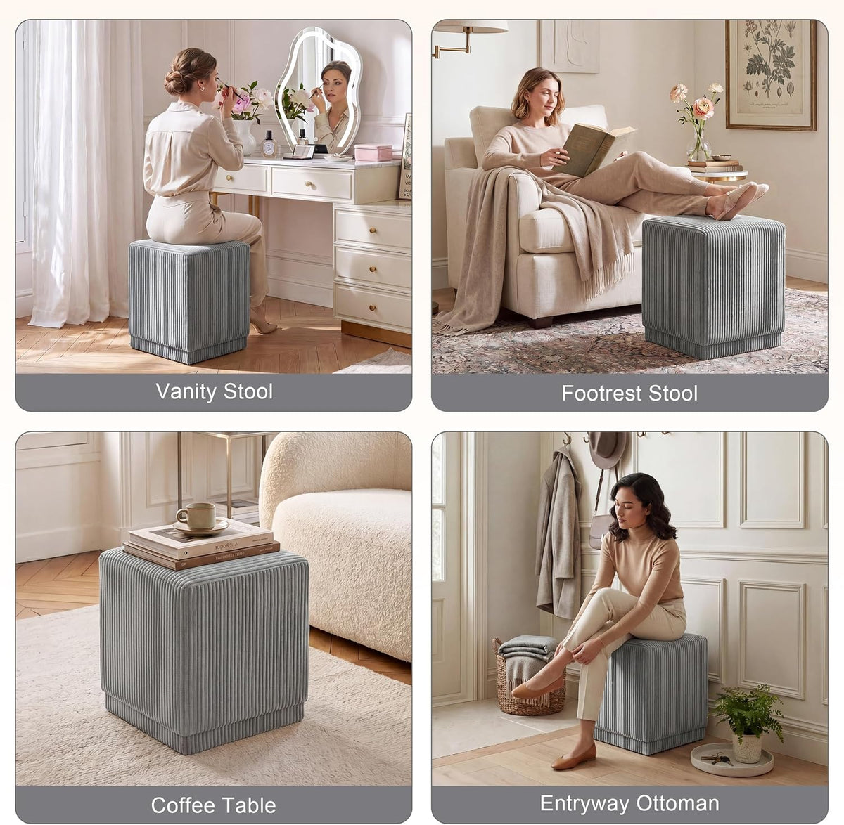 Homebeez Modern Square Ottoman, Vertical Channel Tufted Foot Stool Ottoman, Corduroy Velvet Upholstered Vanity Stool for Makeup, Bedroom, Living Room, Light Gray