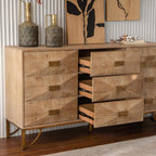 59.44" Light Wood Sideboard, Geometric Relief Buffet with 3 Drawers & 2 Doors, Gold Metal Legs for Living Room Dining Room Storage