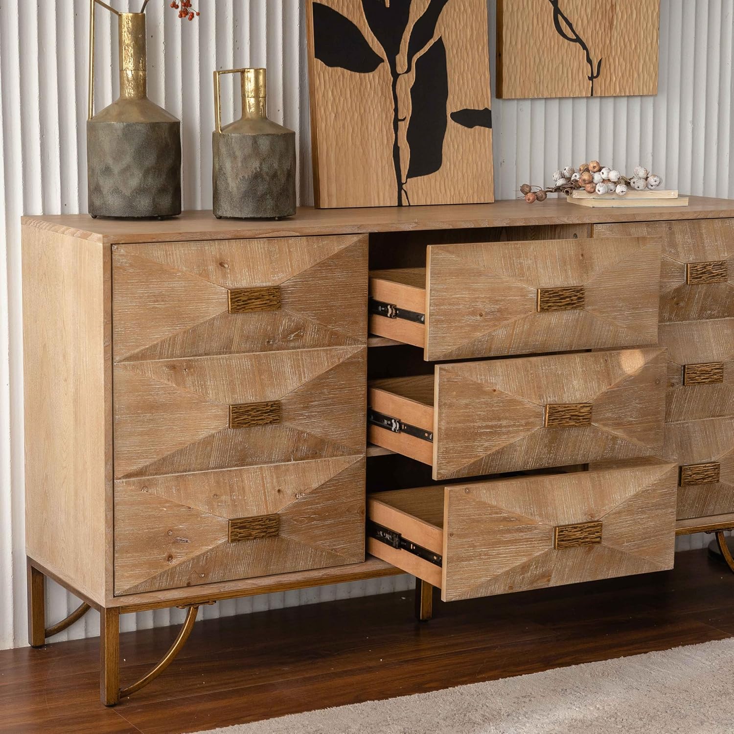 59.44" Light Wood Sideboard, Geometric Relief Buffet with 3 Drawers & 2 Doors, Gold Metal Legs for Living Room Dining Room Storage
